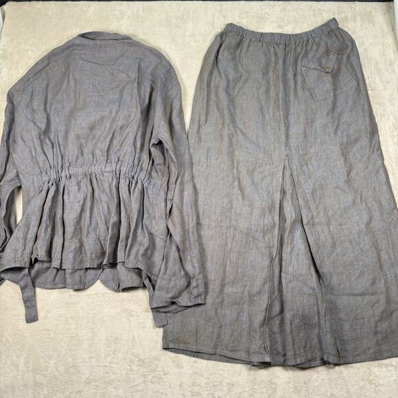 FLAX by Jeanne Engelhart 100% Linen Cardigan & Maxi Skirt Set Size Large Blue - Picture 5 of 11
